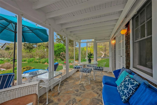 5A/5B Jessup Ln, Quogue, NY 11959 - sunroom featuring outdoor dining space and beamed ceiling