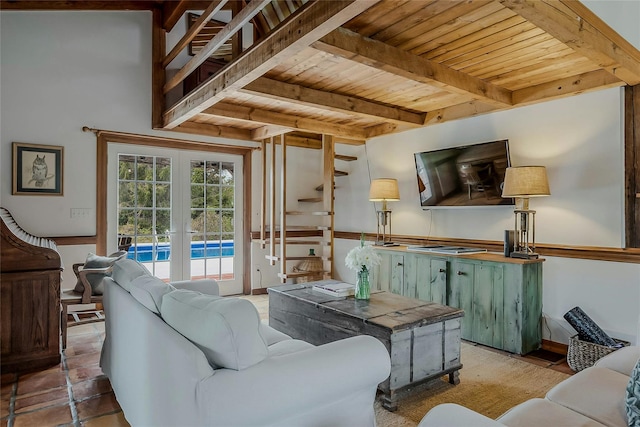 5A/5B Jessup Ln, Quogue, NY 11959 - living area with wooden ceiling, beamed ceiling, and french doors