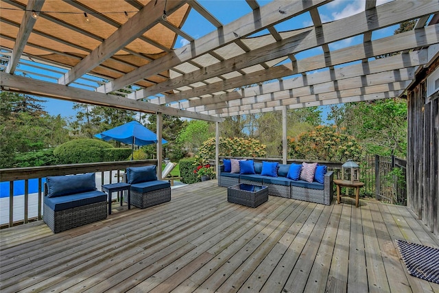 5A/5B Jessup Ln, Quogue, NY 11959 - wooden terrace featuring an outdoor hangout area and a pergola