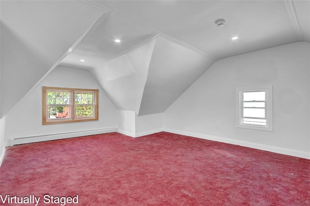 11511 173rd St, Addisleigh Park, NY 11434 - additional living space with lofted ceiling, a baseboard radiator, carpet floors, recessed lighting, and baseboards