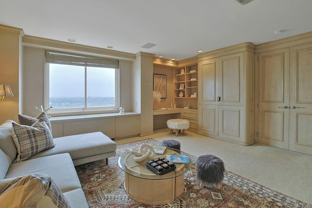 3333 Henry Hudson Pkwy # 23Ef, Bronx, NY 10463 - living area with light colored carpet, built in shelves, recessed lighting, and crown molding