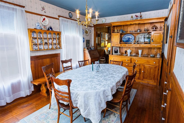 630 New Suffolk Rd, Cutchogue, NY 11935 - dining area featuring wallpapered walls, a chandelier, wood-type flooring, and wainscoting