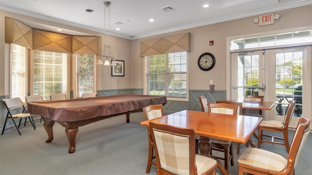 42 Kimberly Dr Unit 42, Westhampton, NY 11977 - rec room featuring crown molding, carpet floors, a wainscoted wall, billiards, and recessed lighting