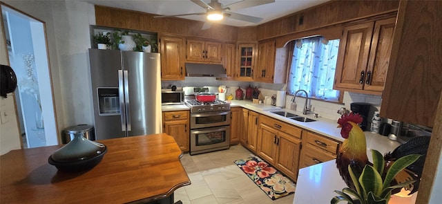 kitchen featuring stainless steel appliances, a sink, under cabinet range hood, and backsplash