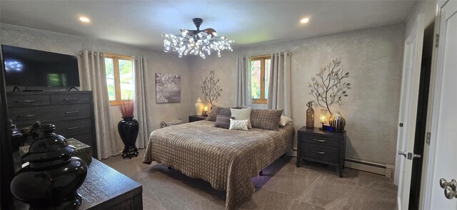 carpeted bedroom featuring baseboard heating, a chandelier, multiple windows, and recessed lighting