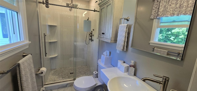 full bath with toilet, plenty of natural light, a shower stall, and a sink