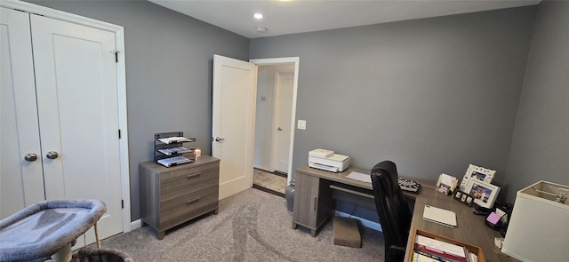 office area with light carpet, recessed lighting, and baseboards