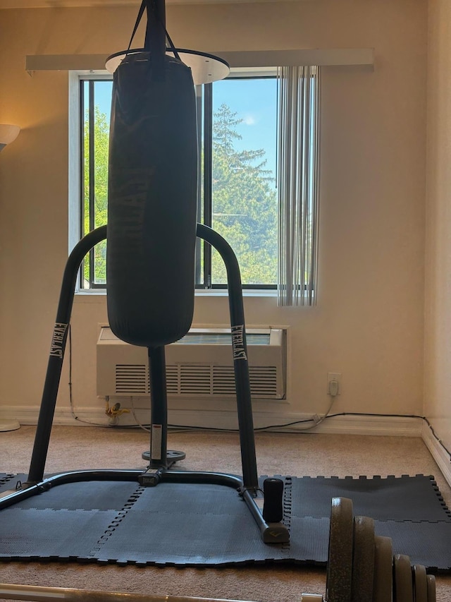 exercise room featuring carpet and baseboards