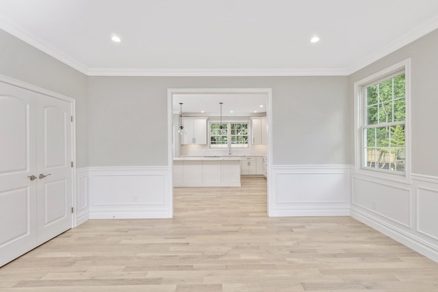 223 Townline Rd, Commack, NY 11725 - spare room featuring light wood-type flooring, ornamental molding, wainscoting, and recessed lighting