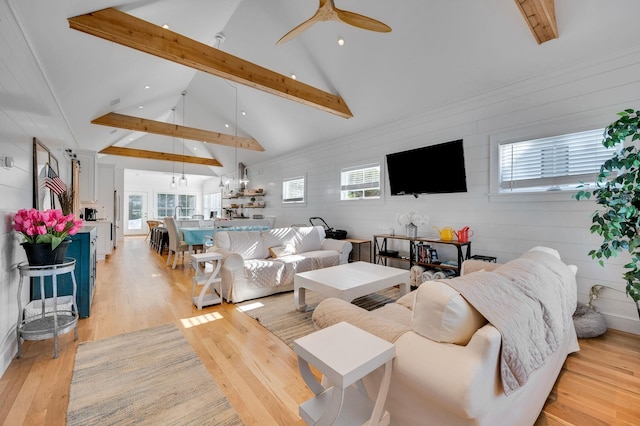 living area with beam ceiling, light wood-style floors, high vaulted ceiling, ceiling fan, and wooden walls