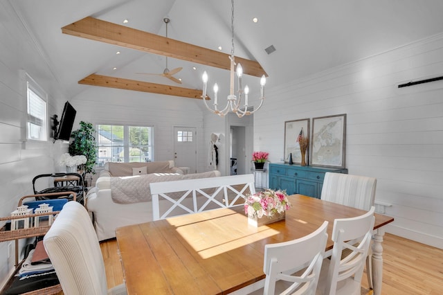 dining space featuring beamed ceiling, light wood-style flooring, a chandelier, recessed lighting, and high vaulted ceiling