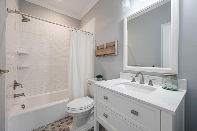 full bathroom with toilet, shower / tub combo with curtain, vanity, and crown molding