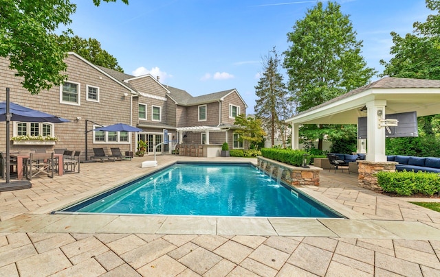 15 Wagamon Dr, Woodbury, NY 11797 - swimming pool with outdoor lounge area, a patio area, and a gazebo