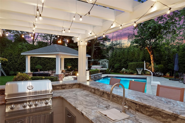 15 Wagamon Dr, Woodbury, NY 11797 - view of patio with a gazebo, an outdoor hangout area, an outdoor pool, and a bar