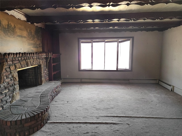 unfurnished living room featuring carpet floors and a fireplace