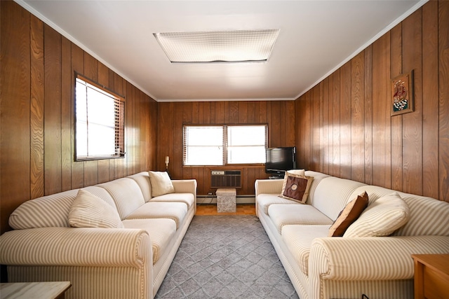 living area featuring a baseboard radiator, a wall mounted AC, ornamental molding, and wooden walls
