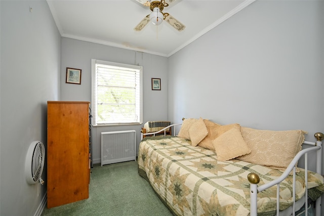 bedroom with radiator heating unit, carpet, ornamental molding, baseboards, and ceiling fan