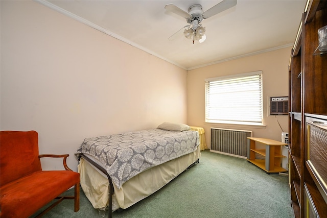 bedroom featuring radiator, carpet, ornamental molding, and ceiling fan