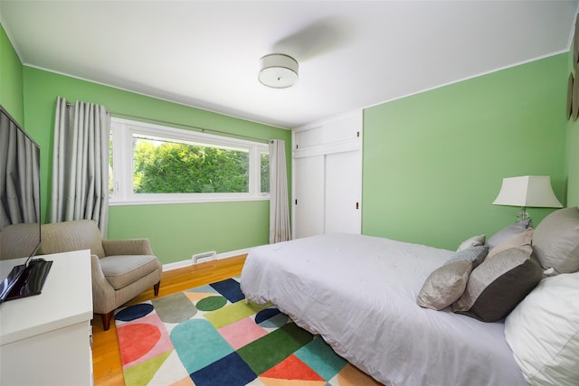 bedroom with wood finished floors, baseboards, a closet, and a baseboard heating unit