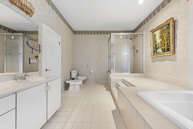 full bathroom featuring wallpapered walls, a shower stall, a bidet, tile patterned flooring, and vanity