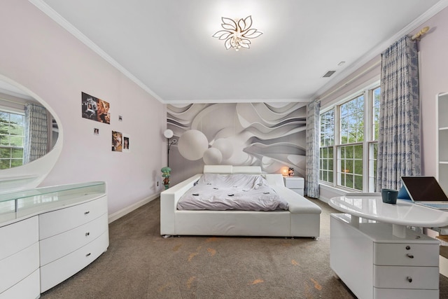 carpeted bedroom featuring ornamental molding and baseboards