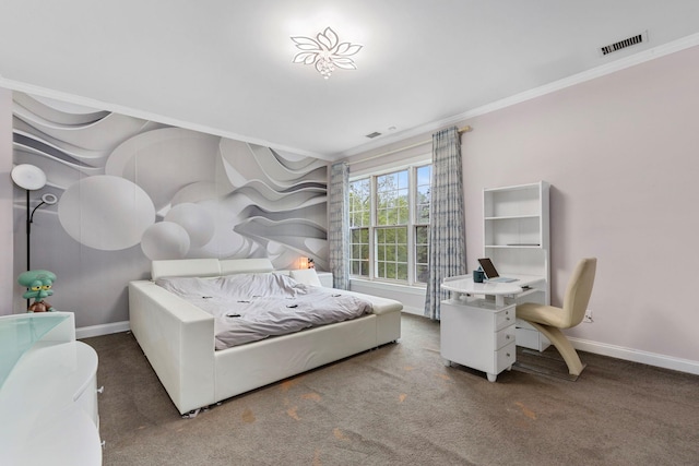 carpeted bedroom with baseboards and crown molding
