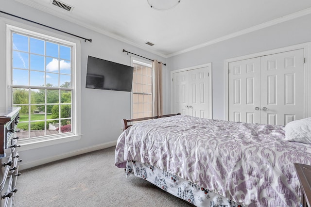 carpeted bedroom featuring two closets, multiple windows, ornamental molding, and baseboards
