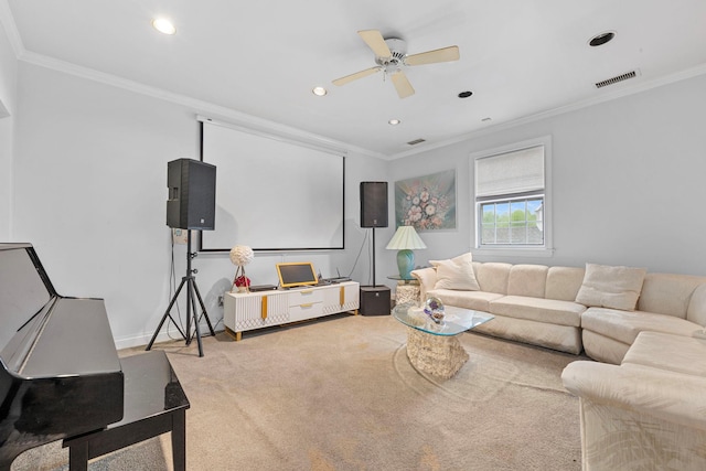 carpeted living room featuring crown molding, recessed lighting, ceiling fan, and baseboards