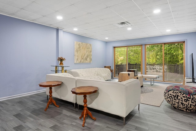 living room with wood finished floors and a drop ceiling
