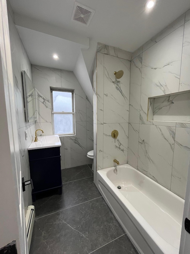 563 E 3rd St, Mount Vernon, NY 10553 - bathroom with toilet, a baseboard heating unit, vanity, shower / bathtub combination, and recessed lighting