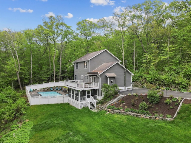 25 Crest Rd, Cold Spring, NY 10516 - back of property featuring a wooden deck, a wooded view, and stairs