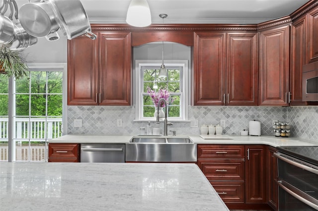 25 Crest Rd, Cold Spring, NY 10516 - kitchen featuring stainless steel appliances, a sink, reddish brown cabinets, and backsplash