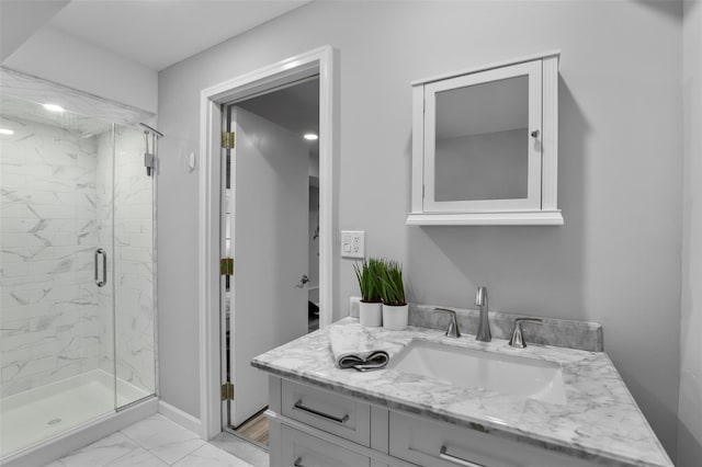 25 Crest Rd, Cold Spring, NY 10516 - bathroom featuring marble finish flooring, a marble finish shower, vanity, and baseboards