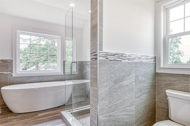 bathroom with tile walls, plenty of natural light, a stall shower, a soaking tub, and toilet
