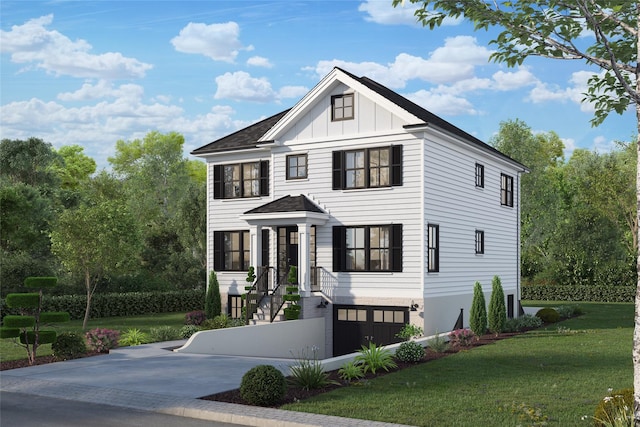 35 Shelburne Rd, Yonkers, NY 10710 - view of front of home with board and batten siding, a garage, a front yard, and driveway