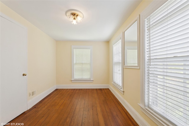 spare room with baseboards, wood-type flooring, and healthy amount of natural light