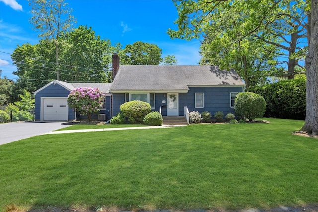 411 8th Ave, East Northport, NY 11731 - view of front of property featuring a chimney, a garage, a front yard, concrete driveway, and roof with shingles