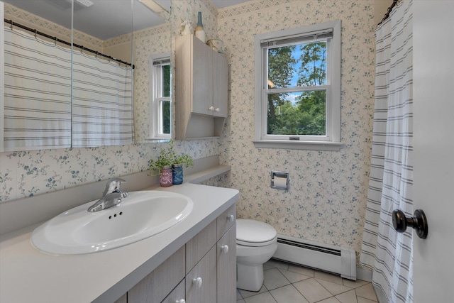 411 8th Ave, East Northport, NY 11731 - bathroom featuring a baseboard heating unit, vanity, tile patterned flooring, and curtained shower