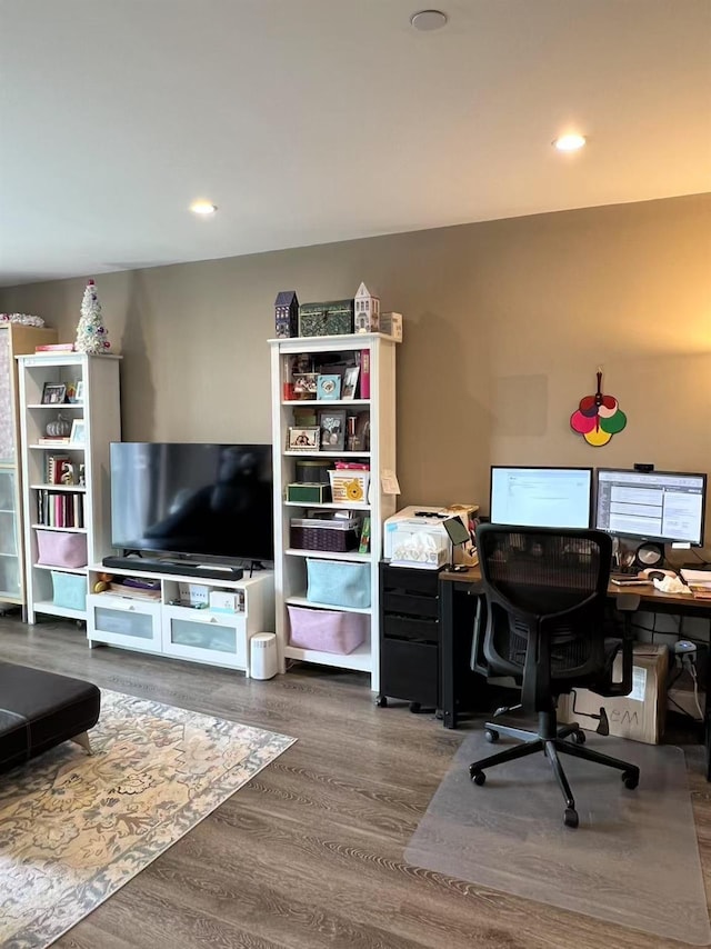 home office featuring dark wood-style floors and recessed lighting