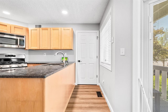 1 Mountain Ter, Nanuet, NY 10954 - kitchen featuring stainless steel appliances, light brown cabinetry, a sink, light wood-style flooring, and a textured ceiling
