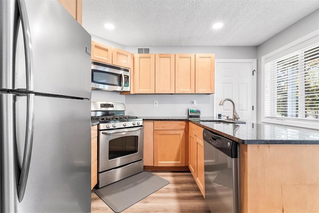 1 Mountain Ter, Nanuet, NY 10954 - kitchen featuring stainless steel appliances, a sink, light brown cabinetry, light wood finished floors, and a textured ceiling