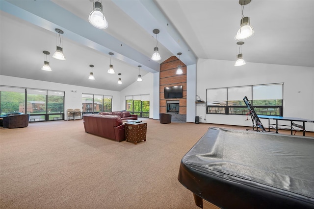 playroom featuring carpet floors, high vaulted ceiling, beam ceiling, and a fireplace