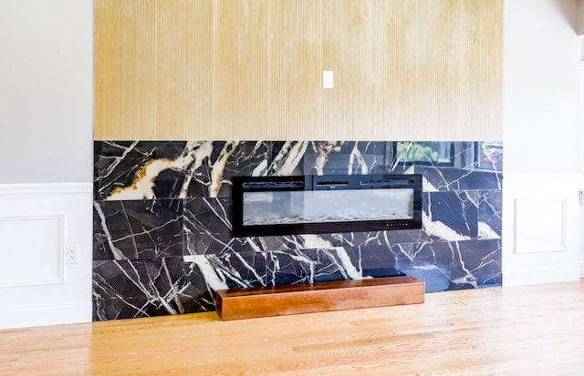 detailed view of a wainscoted wall, wood finished floors, and a premium fireplace