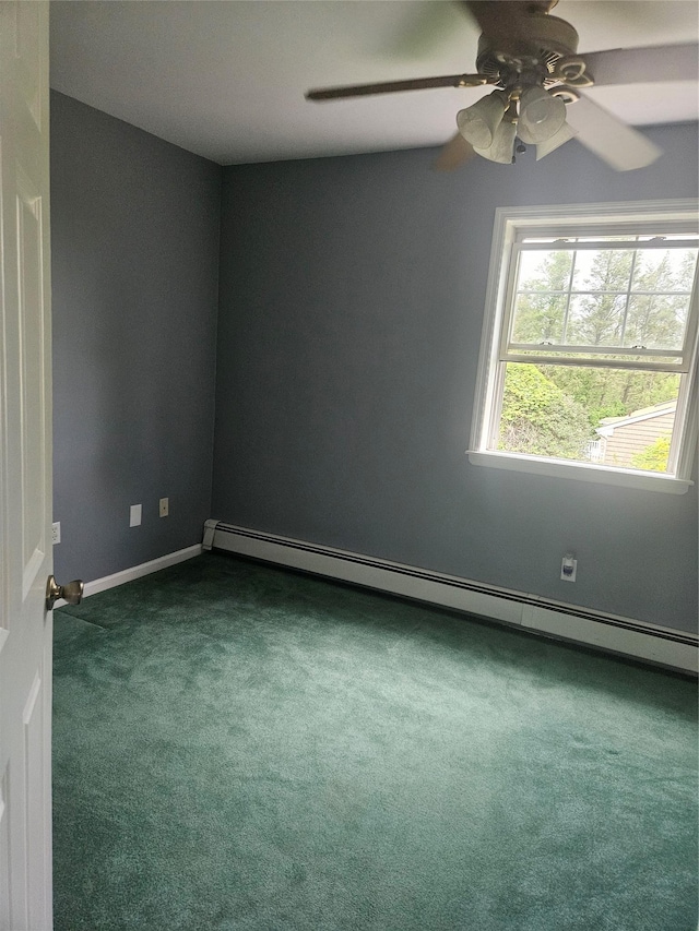 spare room featuring baseboard heating, carpet flooring, ceiling fan, and baseboards