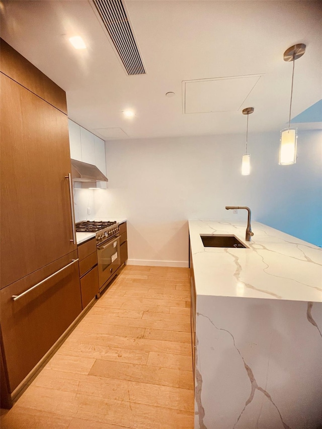 134-37 35th Ave Unit 8E, Flushing, NY 11354 - kitchen with high end stainless steel range oven, a sink, light wood-style flooring, under cabinet range hood, and hanging light fixtures