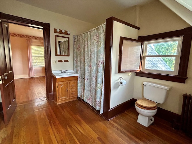 22 Herbert St, Beacon, NY 12508 - full bathroom featuring wood finished floors, radiator heating unit, toilet, baseboards, and curtained shower