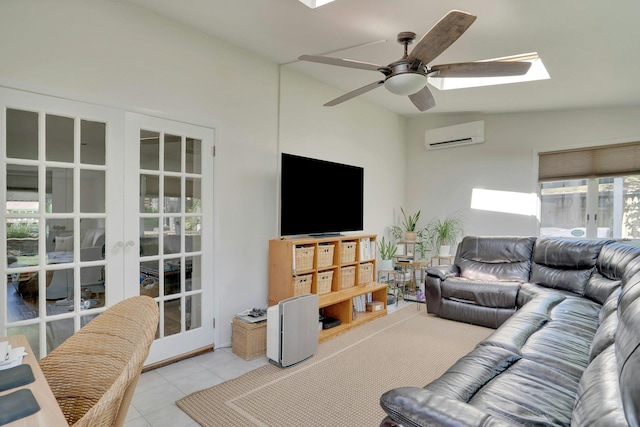 24 Harvard Ln, Commack, NY 11725 - living area featuring a skylight, a ceiling fan, tile patterned flooring, a wall mounted air conditioner, and vaulted ceiling
