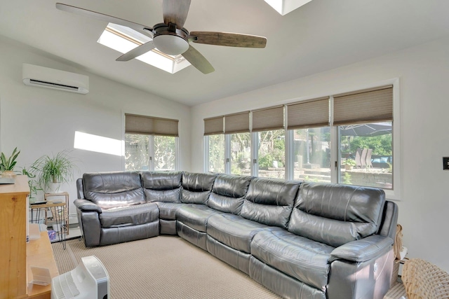 24 Harvard Ln, Commack, NY 11725 - living area featuring lofted ceiling, a wall unit AC, ceiling fan, and a skylight