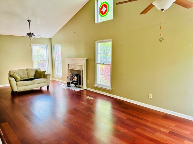 1 Olde Wagon Rd, Warwick, NY 10990 - living room with a ceiling fan, hardwood / wood-style floors, plenty of natural light, and high vaulted ceiling
