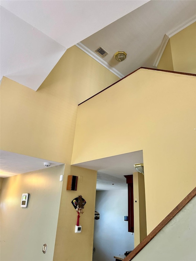 1 Olde Wagon Rd, Warwick, NY 10990 - stairway featuring crown molding and vaulted ceiling